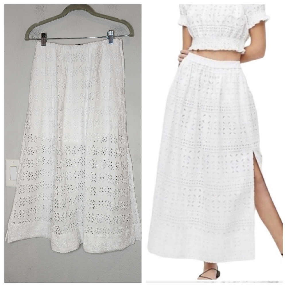 J. Crew White Eyelet Linen Blend‎ Maxi Skirt Size 0 Side Slits Pockets
